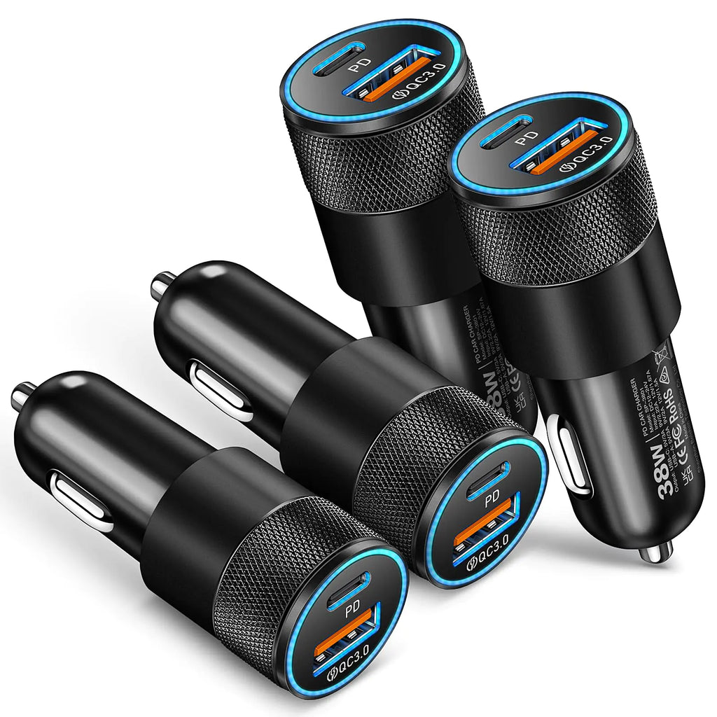 USB C Car Charger 38W Multi Dual Port PD&QC 3.0 Fast Charging 12V Car Power Adapter Plug Boxeroo Auto Cargador Carro Cigarette Lighter Compatible for iPhone 15 Pro/Max/ Samsung Galaxy (4 Pack)